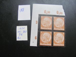 GERMANY  1934 MNH MI. 548 PLATE BLOCK XF 10+ EUROS (181)