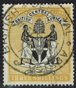 BRITISH CENTRAL AFRICA 1895 ARMS 3/- NO WMK FISCAL USED