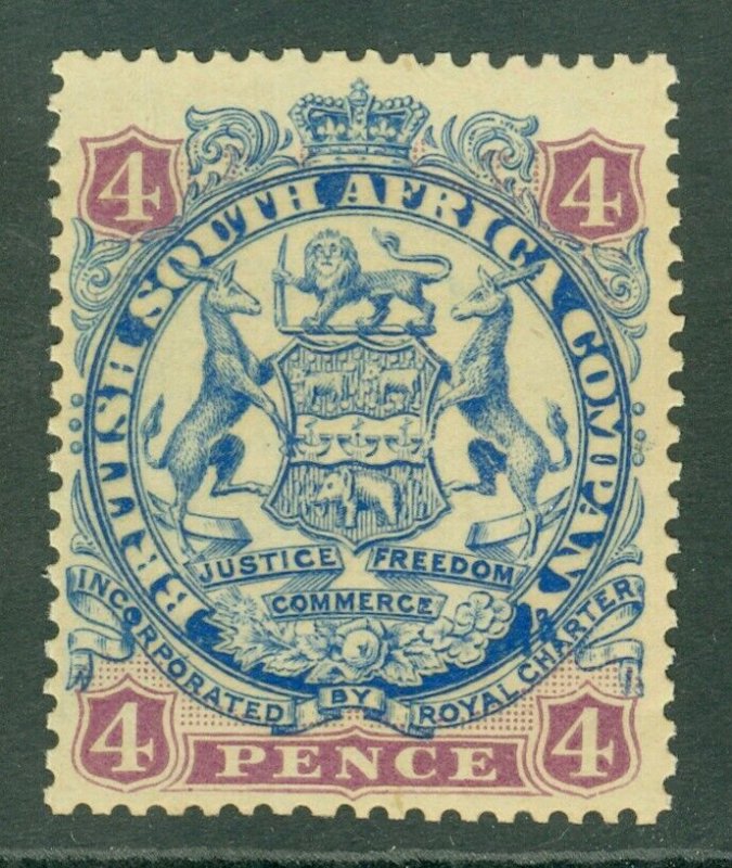 SG 44a Rhodesia 1896-97. 4d blue & mauve. Fine unmounted mint CAT £26 