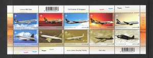 SINGAPORE - CLEARANCE SALE! #1070 AIRCRAFT SHEET OF 10 MNH