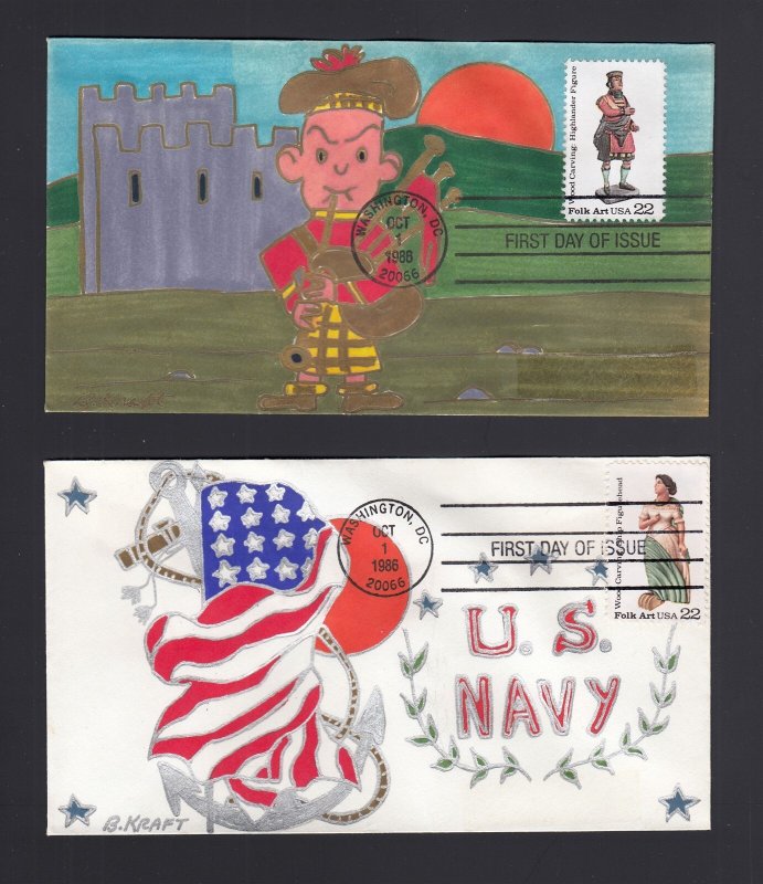 FDC: #2240-2243 1986 22c Wood Carved Figurines - BEN KRAFT Hand Painted Cachet