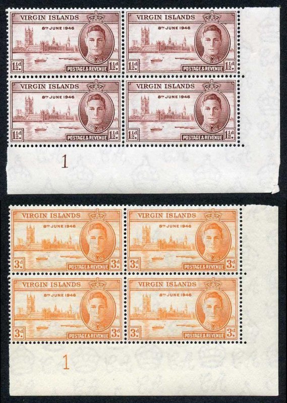 Virgin Islands SG122/3 1946 Victory Plate Blocks of Four (both of the 1 1/2d) U 