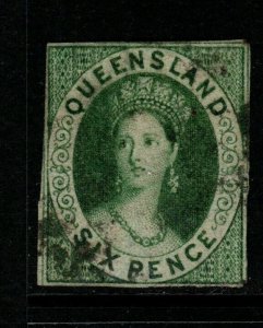 QUEENSLAND SG3 1860 6d GREEN USED(3 MARGINS)