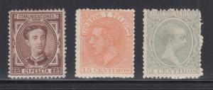Spain Sc 225, 252, 255 MLH. 1876-1879 issues, 3 different sound singles, F-VF