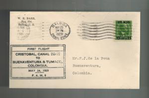 1929 Panama Canal Zone First Flight Cover FFC to Buenaventura Colombia