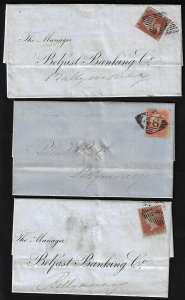 IRELAND UK 1854 7 THREE COVERS FRANKED QUEEN 1p IMPERF ON BLUISH & 1p PERF ALL 3