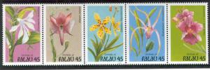 PALAU 237-41, 241A MNH ORCHIDS STRIP OF 5 STAMPS