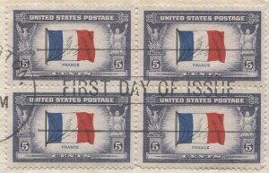 US 1943  Sc 915a  5c FRANCE Overrun Nation block, Cachet FDC, Printing ERROR