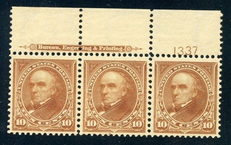 US SCOTT #283 IMPRINT AND PL# STRIP OF 3 MINT-VF-OG-NH SCV $1,500 (5/31/23 GP)