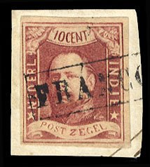 Netherlands Indies #1 (NVPH 1) Cat$100, 1864 10c lake, used on small piece, f...