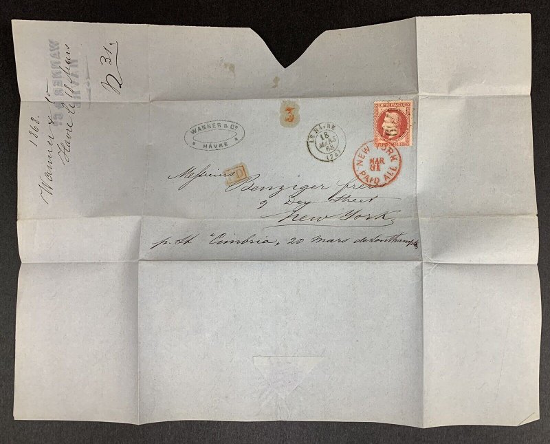 France, Scott#36 used on 1868 Trans-Atlantic Cover, Le Harve to New York City