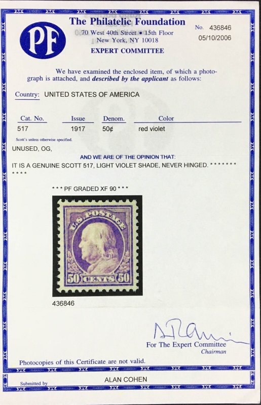 MOMEN: US STAMPS #517 MINT OG NH PSE & PF GRADED CERTS XF-90 LOT #94713