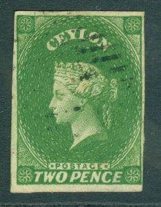 SG 3a Ceylon 1857-59. 2d yellowish-green. Very fine used. 4 fine margins CAT £90