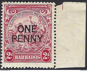 BARBADOS 1947 Red 2d Surcharge 1d SG264 MH with Side Gutter