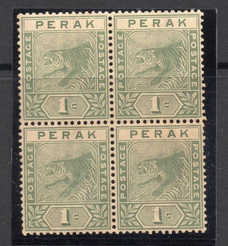 Perak 1892 Tiger Issue Fine Mint Unused No Gum Block of 4 1c. 117686