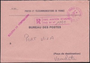 FRANCE 1991 official P.O. cover registered Paris to VANUATU................B1013