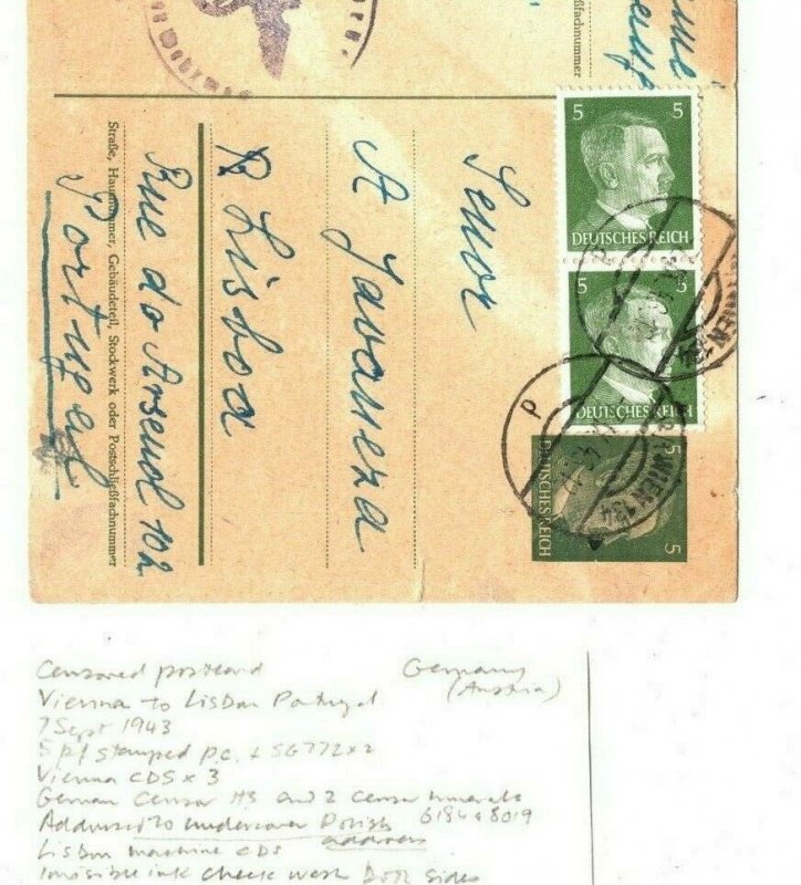 AUSTRIA Card 1944 WW2 Censor *INK-TESTED* UNDERCOVER POLISH ADDRESS Lisbon MA38