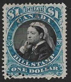 CANADA 1868 QV $1.00 Blue & Black BILL STAMP REVENUE FB52 USED PERFIN CXL