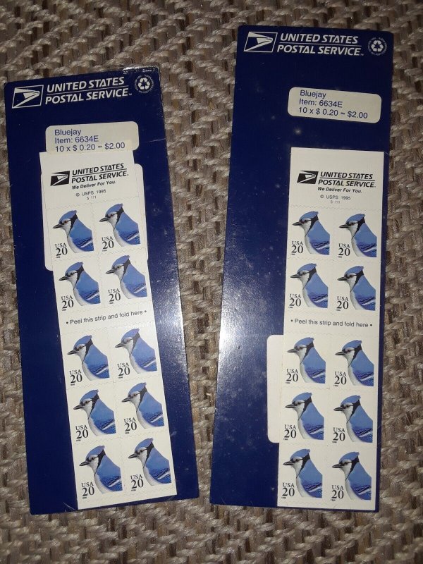 TWO (2) Booklets of 10 = 20 of BLUE JAY Bird 20¢ US Postage Stamps USA Sc # 2483