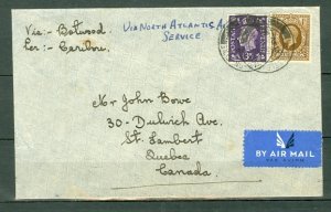 GREAT BRITAIN to CANADA 1939 NORTH ATLANTIC AIRMAIL ROUTE  COVER...#172 & #240