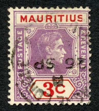 Mauritius SG253a 3c Sliced S at right CDS used Cat 85 Pounds 