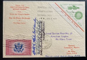 1936 Reynosa Tamps Mexico First Rocket Flight cover To McAllen USA Signed #4