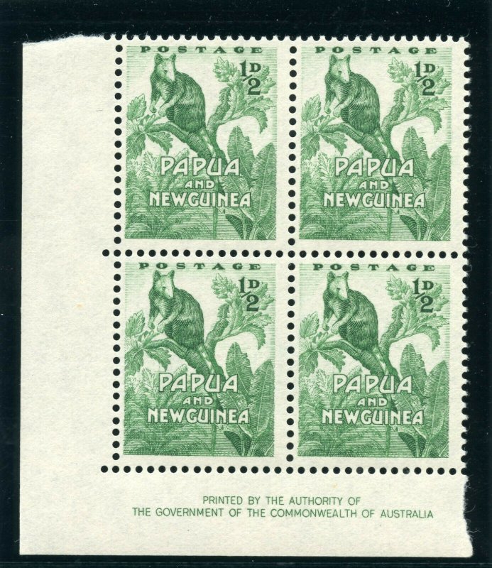 Papua New Guinea 1952 QEII ½d emerald imprint block of four superb MNH. SG 1.