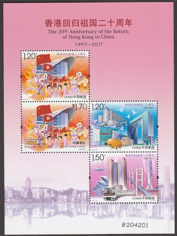 Hong Kong China Joint Issue 20th Anniversary Return souvenir sheet MNH 2017