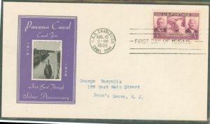 US 856 1939 3c 25th Anniversary of the Panama Canal (single) on an addressed (typed) FDC with an loor cachet.