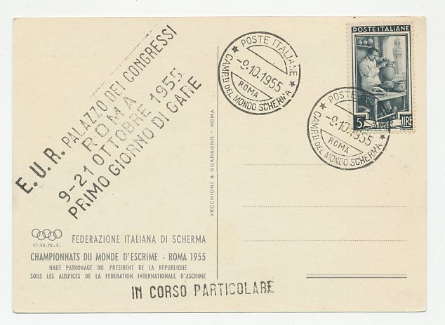 Postcard / Postmark Italy 1955 World Championship Fencing Rome 1955