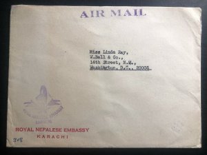 1968 Karachi Pakistan Nepalese Embassy Airmail Cover To Washington DC USA