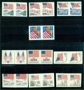 US #1519a/2913a, 10¢/32¢ Flag Issues, IMPERF PAIRS, 10 diff, NH, Scott $180.50