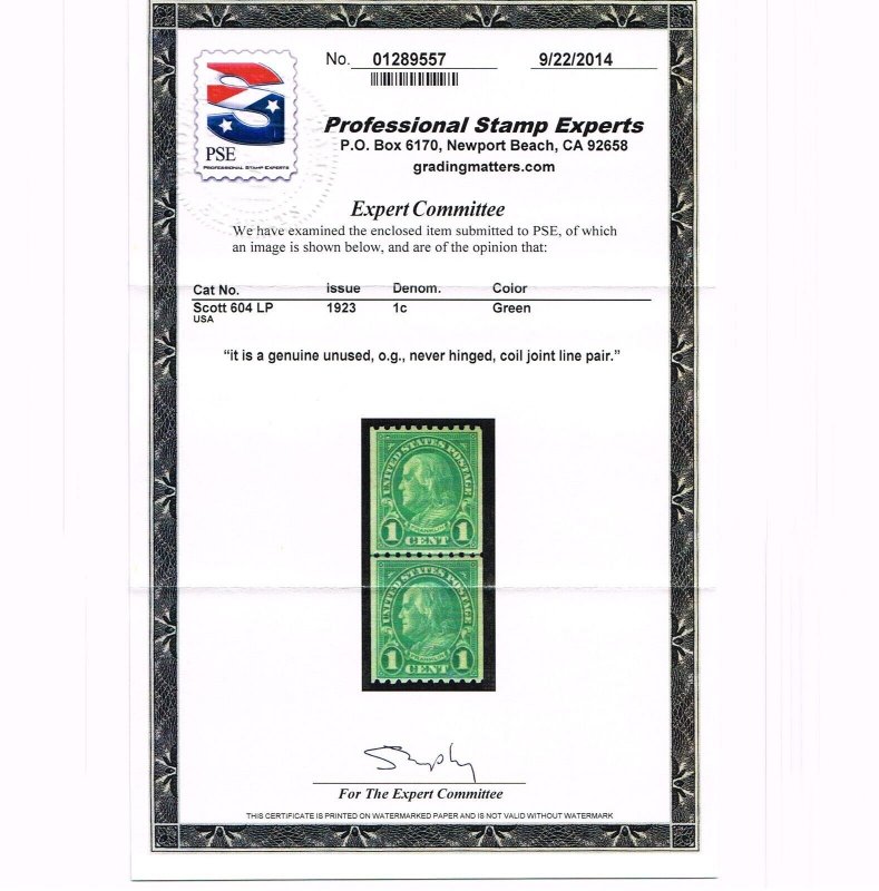 EXCELLENT GENUINE SCOTT #604 VF-XF MINT PRISTINE OG NH LINE PAIR PSE CERT #19127