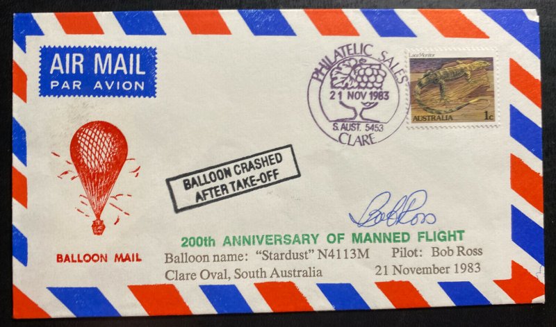 1983 Australia Ballon Crashed Flight Airmail Cover 200th Anniversary Of Manned