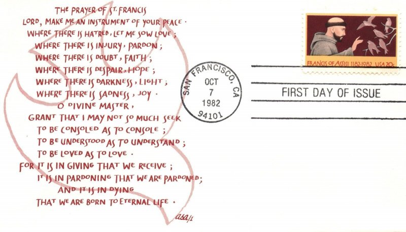 US FIRST DAY COVER THE PRAYER OF ST.FRANCIS OF ASSISI (2) DIFFERENT CACHETS '82