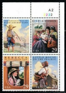 1993 Children's Classic Novels Plate Block Of 4 29c Stamps, Sc# 2785-2788, MNH