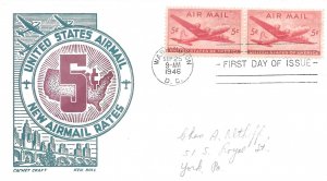 1946 Air Mail FDC, #C32, 5c DC-4, CC/Boll, pair