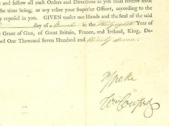 MS2894 1797 EAST INDIA Co MILITARY COMMISSION DOCUMENT Signed *Speke*Cowper*etc