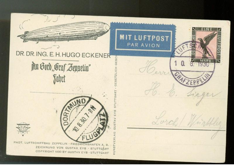 1930 Dortmund Germany Graf Zeppelin RPPC Dr Eckener Cover to H Sieger