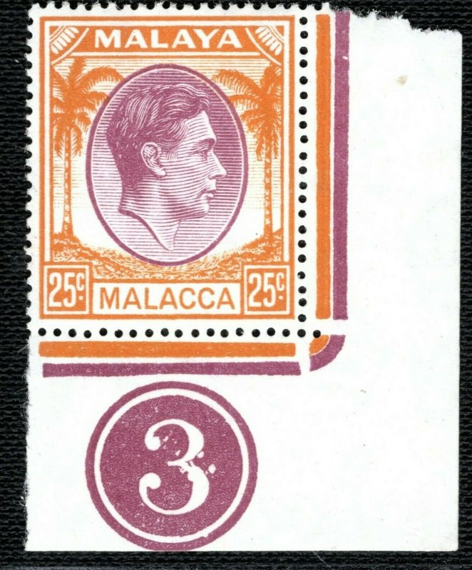 Malaya MALACCA KGVI Stamp 25c Plate Number 3 Mint UM MNH Corner Marginal LBLUE77