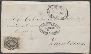 MEXICO 8, 2Rs COVER FRONT WITH NATIONAL LOTTERY OVAL HANDSTAMP. XF. (T26)