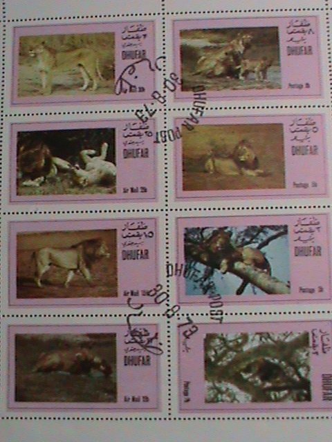 ​DHUFAR STAMP:1973-KINGS OF THE FOREST-LIONS CTO FULL SHEET VERY FINE