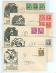 US 859-863 1940 Authors (set of five) part of the Famous American Series - on five addressed (typed) FDC with matching Anderson