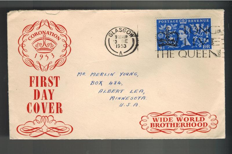 1953 Glasgow England First Day Cover QE II Queen Elizabeth coronation FDC to USA