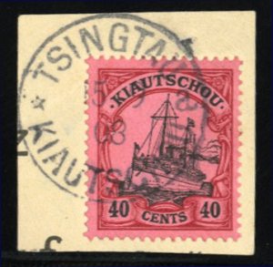 German Colonies, Kiauchau #28 Cat$90, 1905 40c lake and black, used on piece