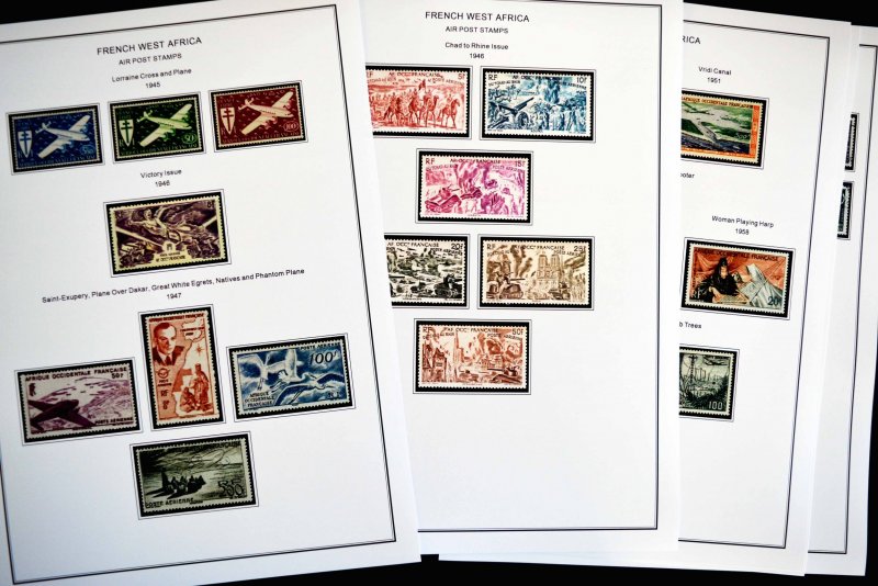 COLOR PRINTED FRENCH WEST AFRICA 1943-1959 STAMP ALBUM PAGES (15 illustr. pages)