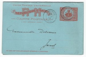 Haiti 1908 2c red/pale blue reply card fine used local usage, reply half still