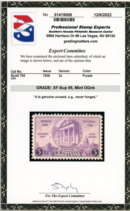 US Stamp #782 Arkansas State House 3c - PSE Cert - XF-SUP 95 - MNH - SMQ $35.00