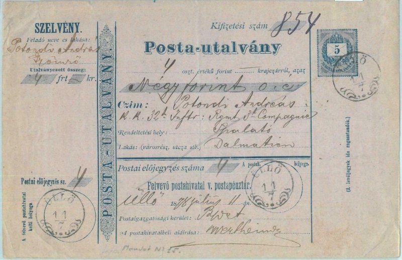 89067 - HUNGARY - POSTAL HISTORY - MONEY ORDER STATIONERY FORM  1878 Ullo