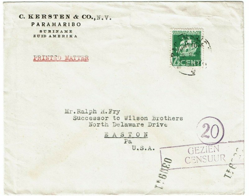 Suriname 1941 Paramaribo cancel on printed matter cover to the U.S., censored